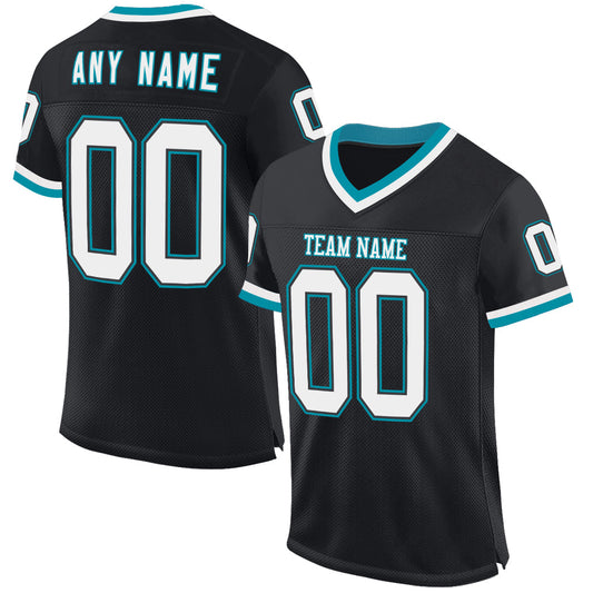Custom Black White-Teal Mesh Authentic Throwback Football Jersey - Main View