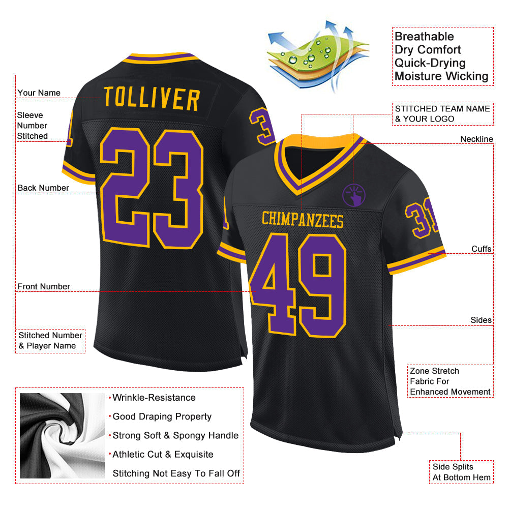Custom Black Purple-Gold Mesh Authentic Throwback Football Jersey view 2