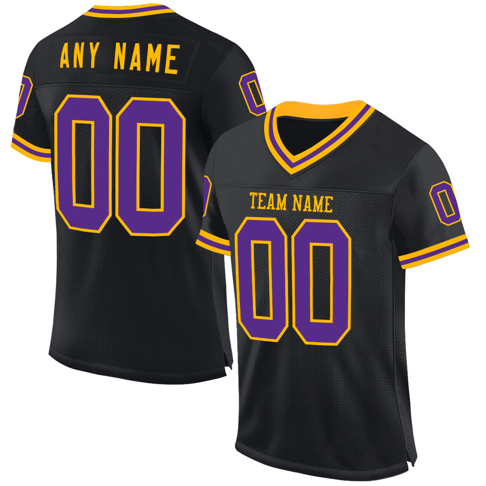 Custom Black Purple-Gold Mesh Authentic Throwback Football Jersey - Main View