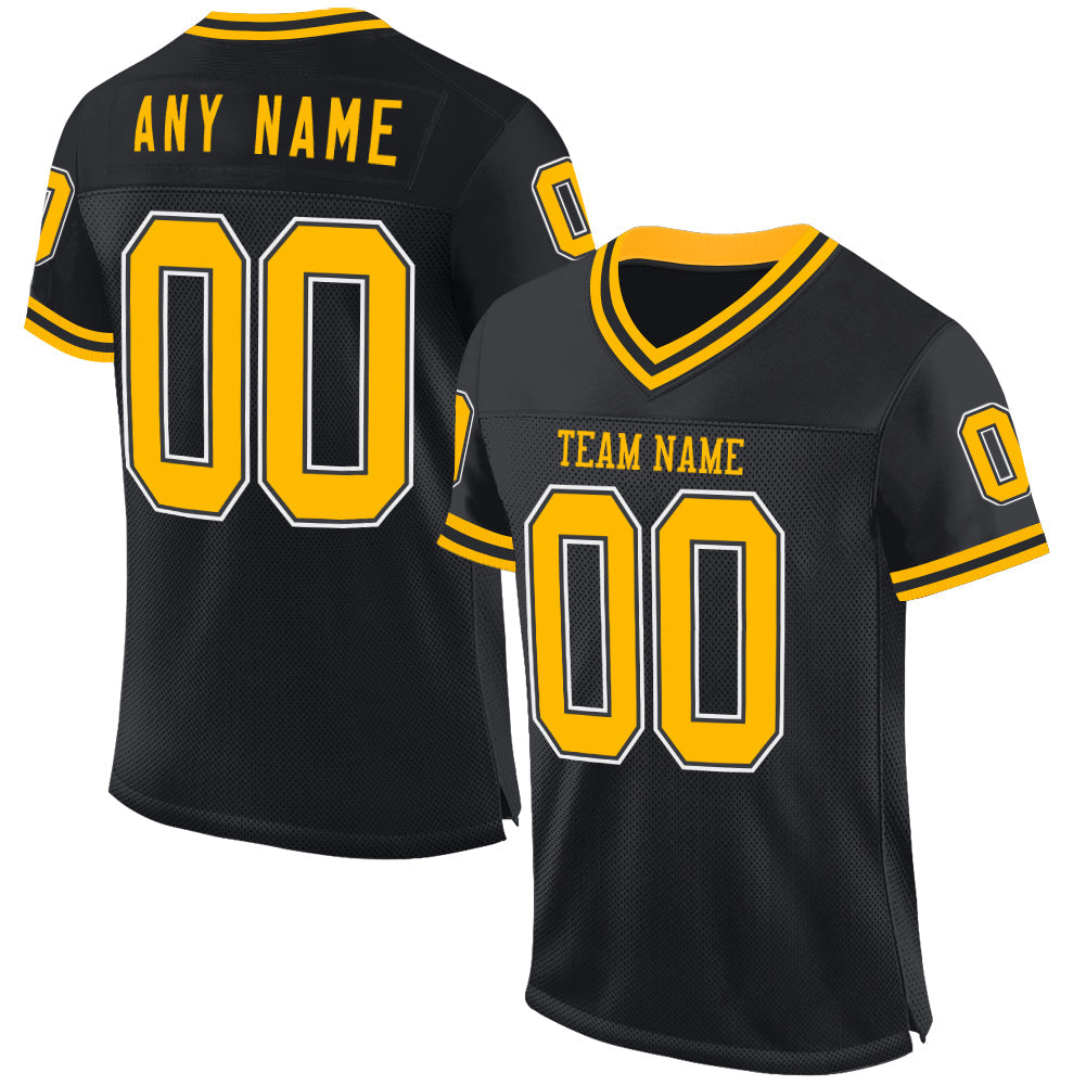 Custom Black Gold-White Mesh Authentic Throwback Football Jersey - Main View