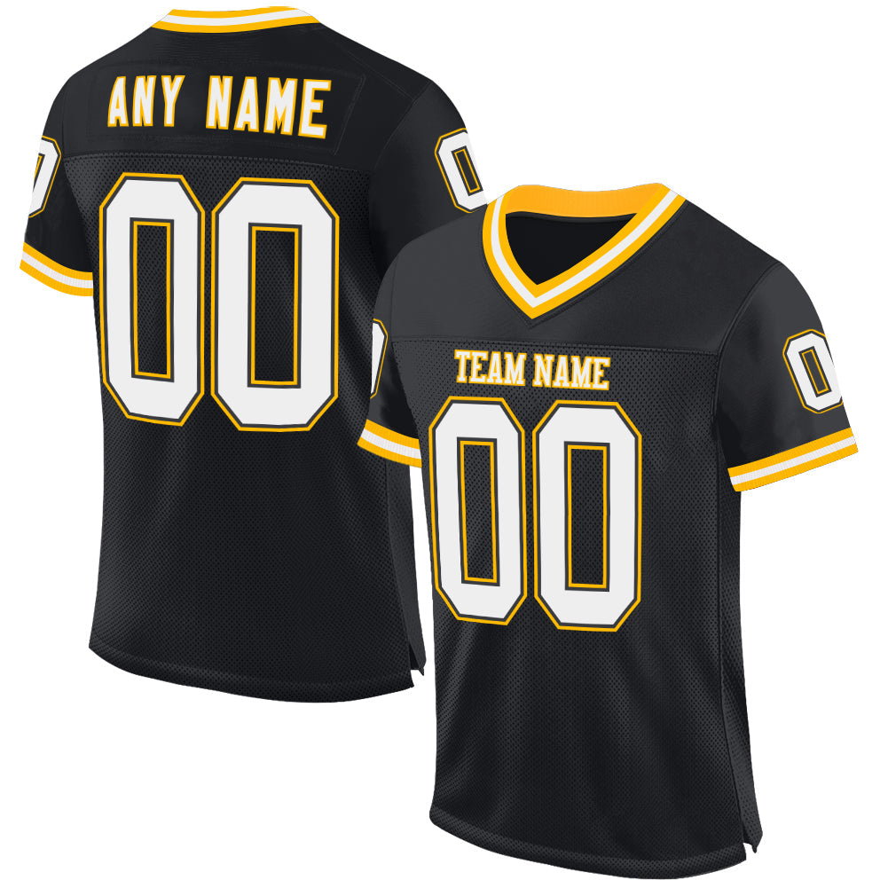 Custom Black White-Gold Mesh Authentic Throwback Football Jersey - Main View