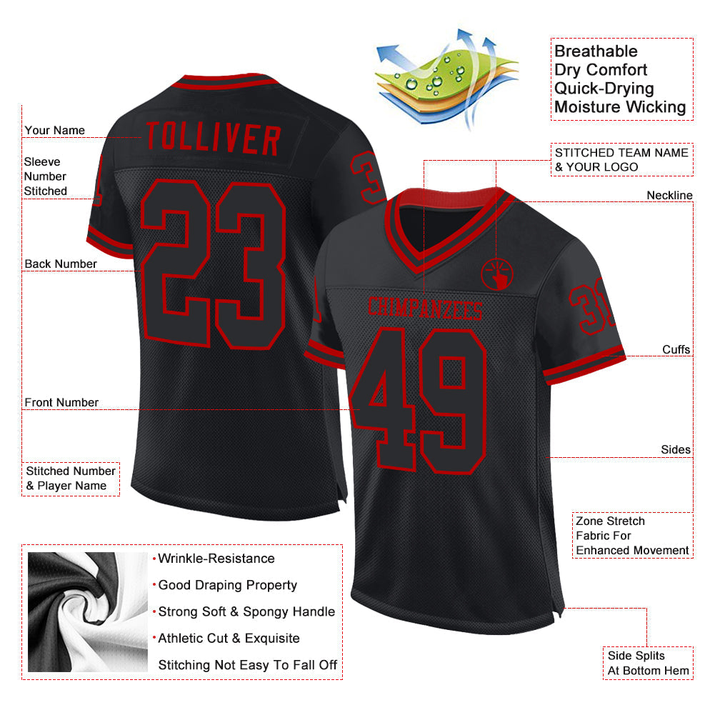 Custom Black Red Mesh Authentic Throwback Football Jersey view 2