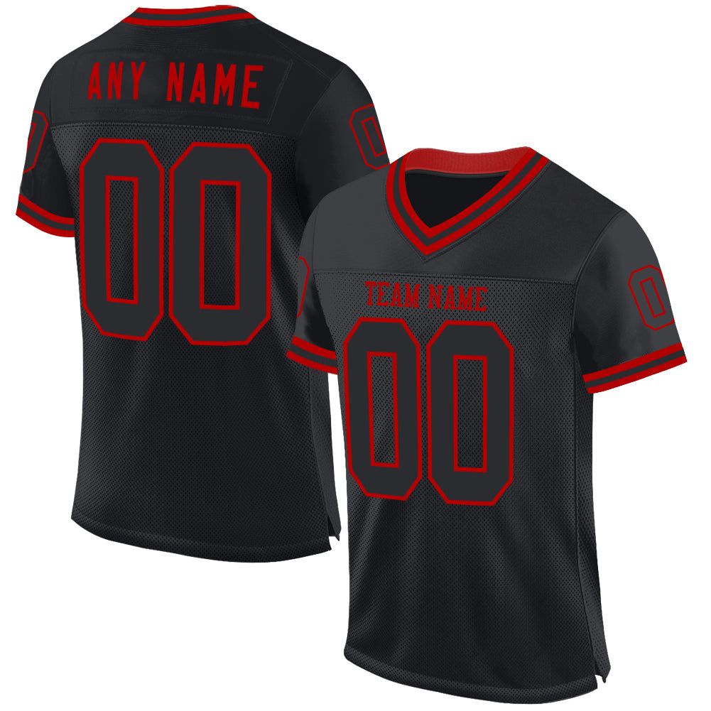 Custom Black Red Mesh Authentic Throwback Football Jersey - Main View