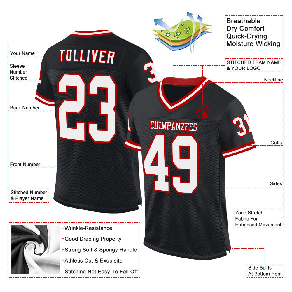 Custom Black White-Red Mesh Authentic Throwback Football Jersey view 2