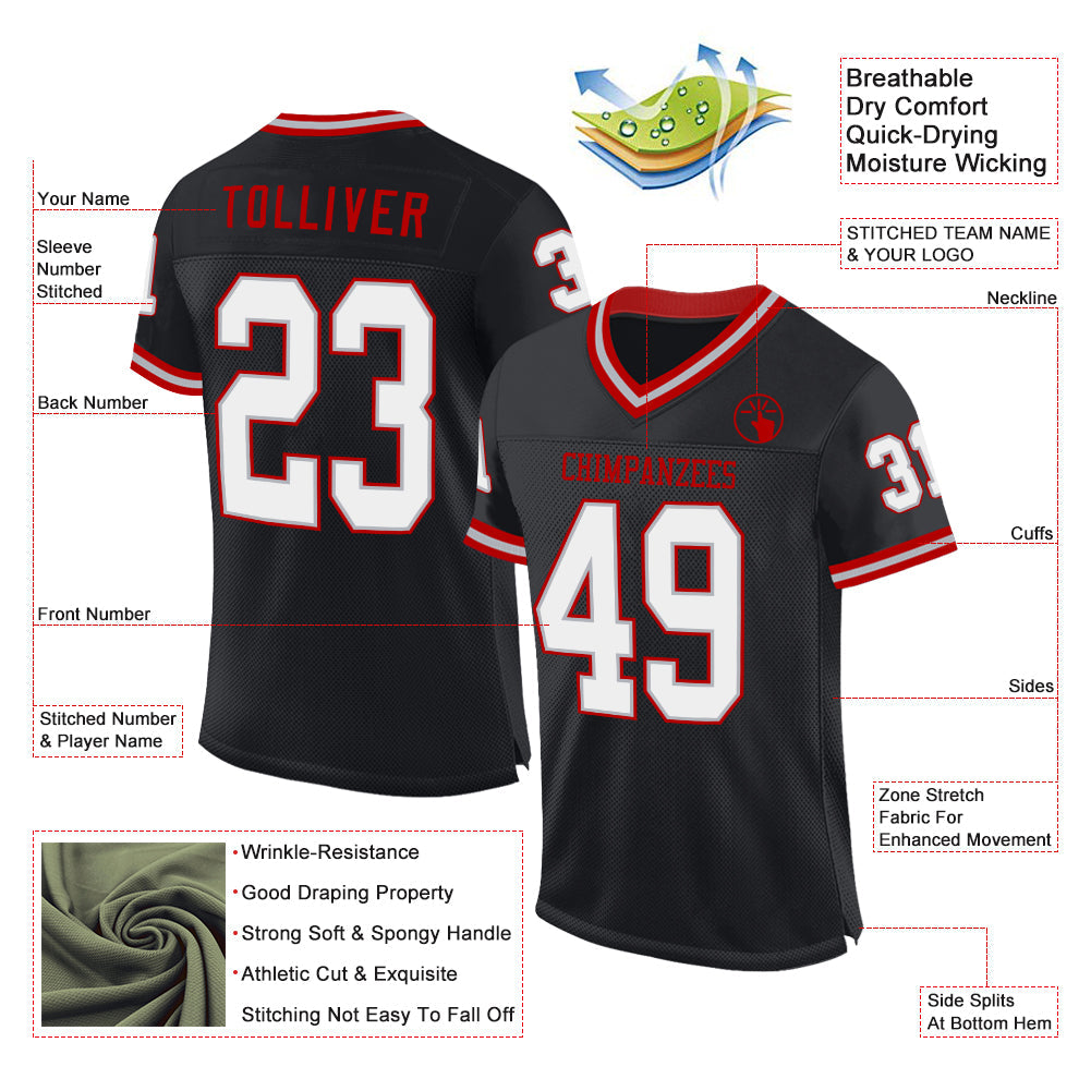 Custom Black Gray-Red Mesh Authentic Throwback Football Jersey view 2
