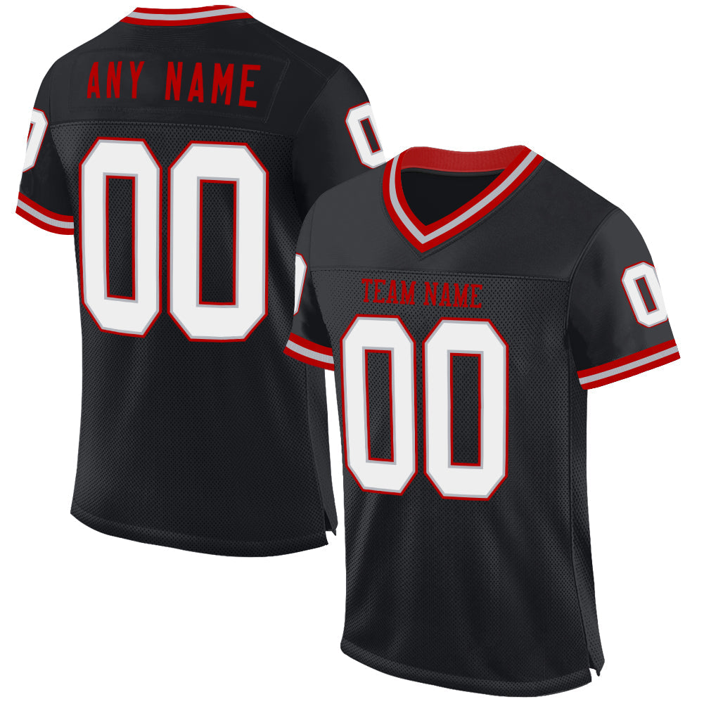Custom Black Gray-Red Mesh Authentic Throwback Football Jersey - Main View