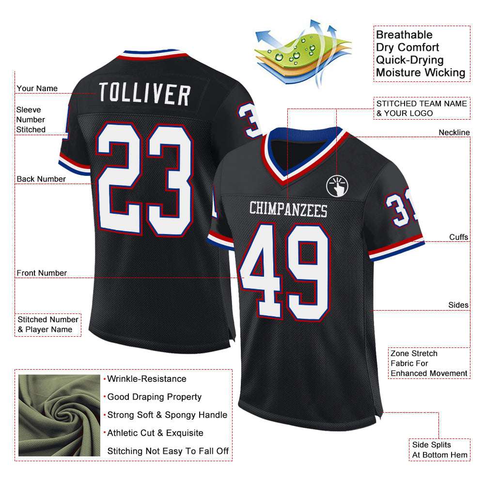 Custom Black Royal-Red Mesh Authentic Throwback Football Jersey view 2