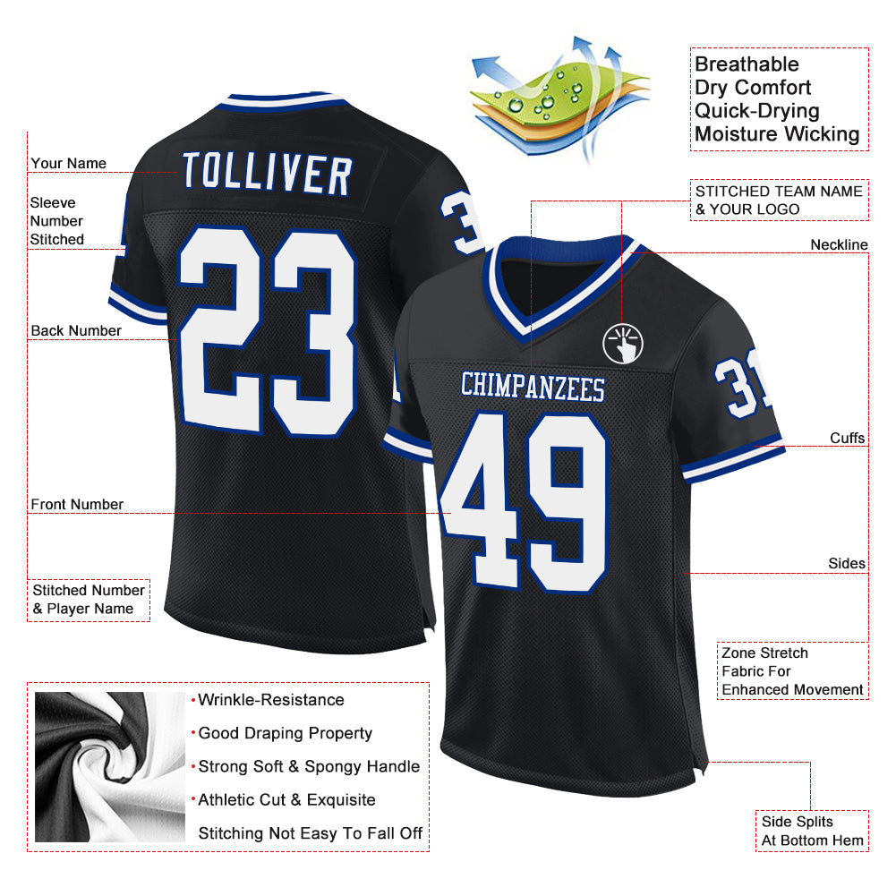 Custom Black White-Royal Mesh Authentic Throwback Football Jersey view 2