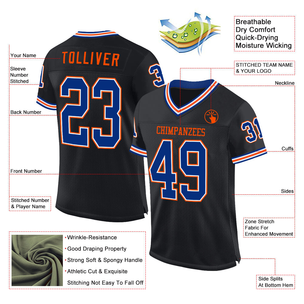 Custom Black Royal-Orange Mesh Authentic Throwback Football Jersey view 2