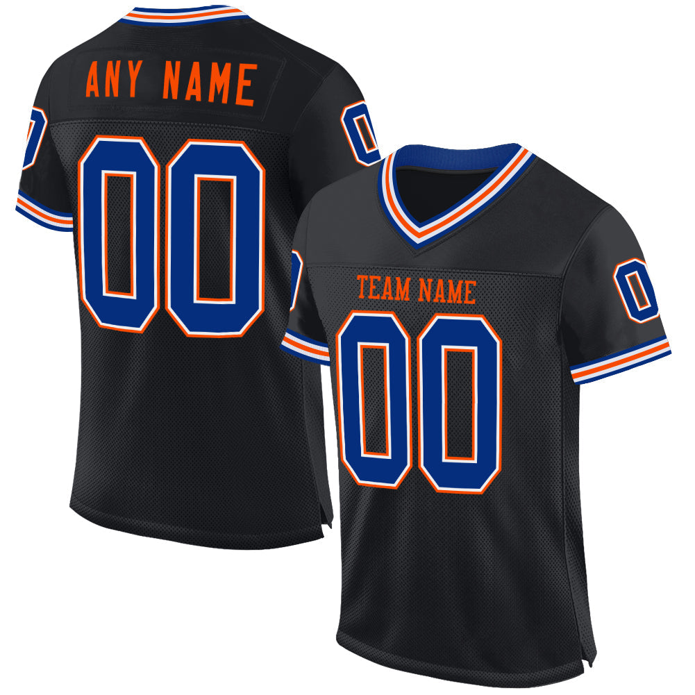 Custom Black Royal-Orange Mesh Authentic Throwback Football Jersey - Main View
