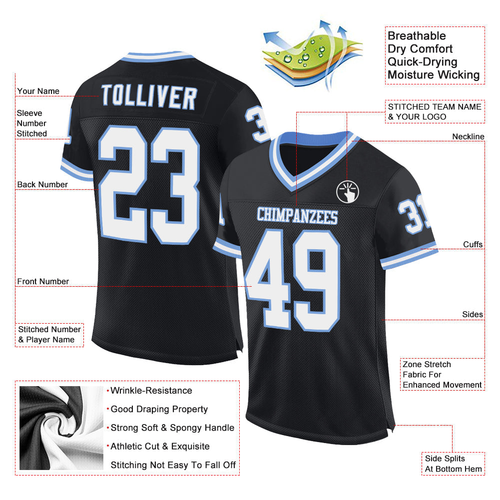 Custom Black White-Light Blue Mesh Authentic Throwback Football Jersey view 2