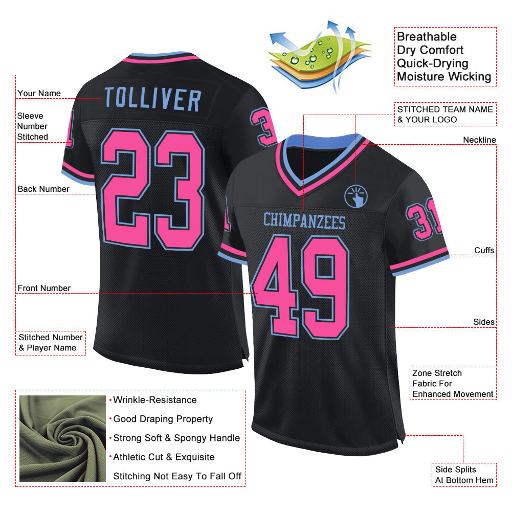 Custom Black Pink-Light Blue Mesh Authentic Throwback Football Jersey view 2
