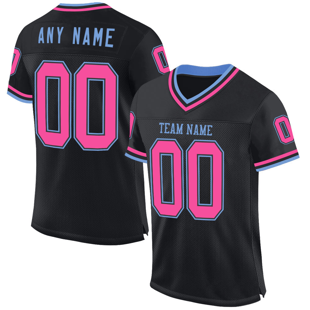 Custom Black Pink-Light Blue Mesh Authentic Throwback Football Jersey - Main View