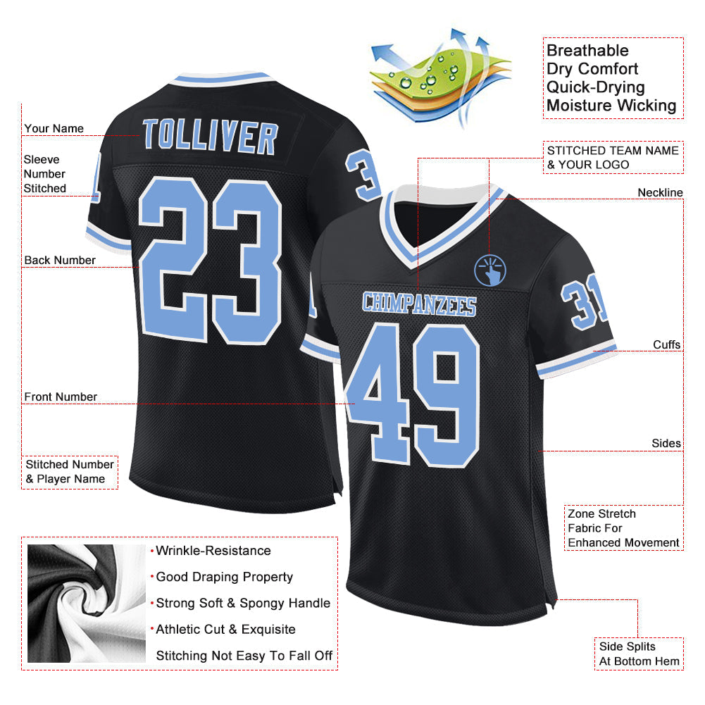 Custom Black Light Blue-White Mesh Authentic Throwback Football Jersey view 2