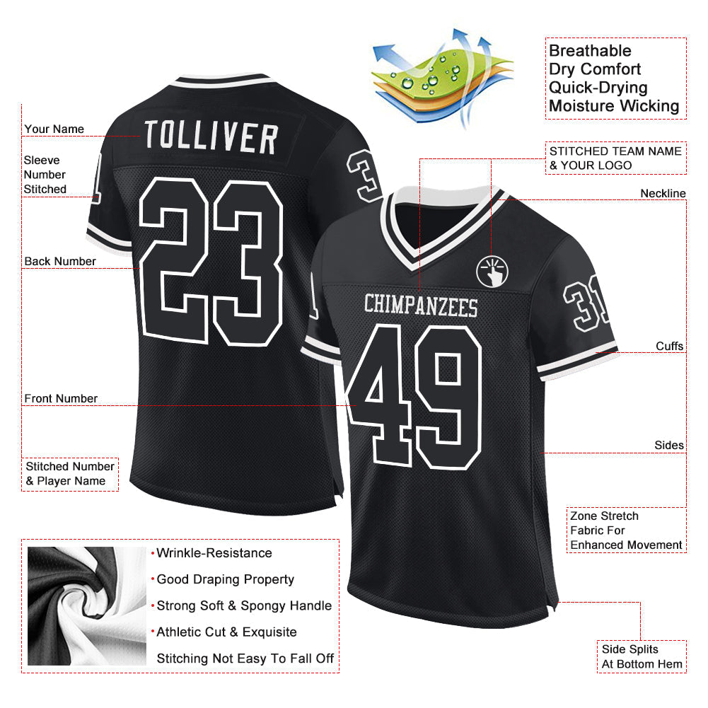 Custom Black White Mesh Authentic Throwback Football Jersey view 2