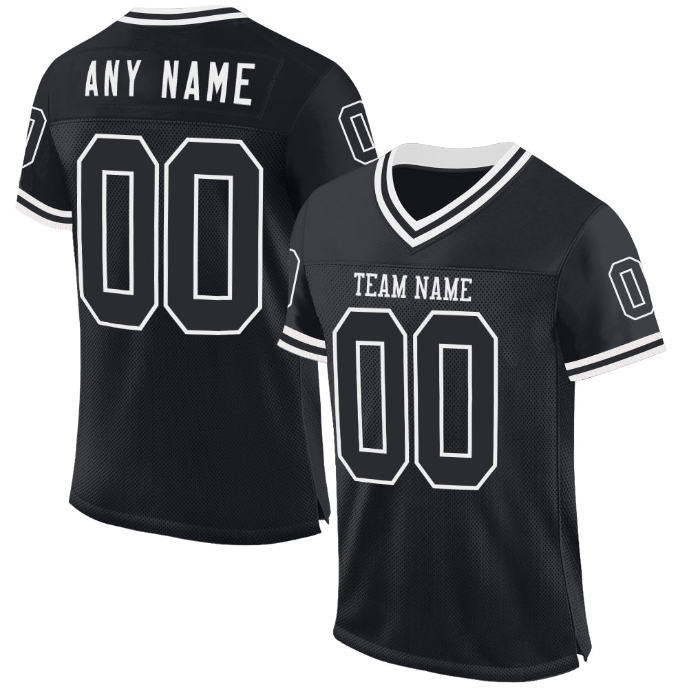 Custom Black White Mesh Authentic Throwback Football Jersey - Main View