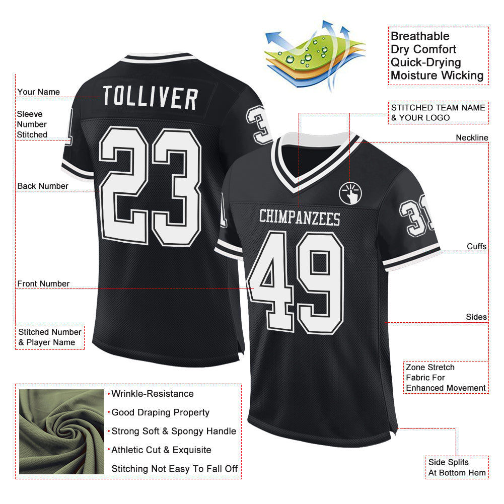 Custom Black White Mesh Authentic Throwback Football Jersey view 2