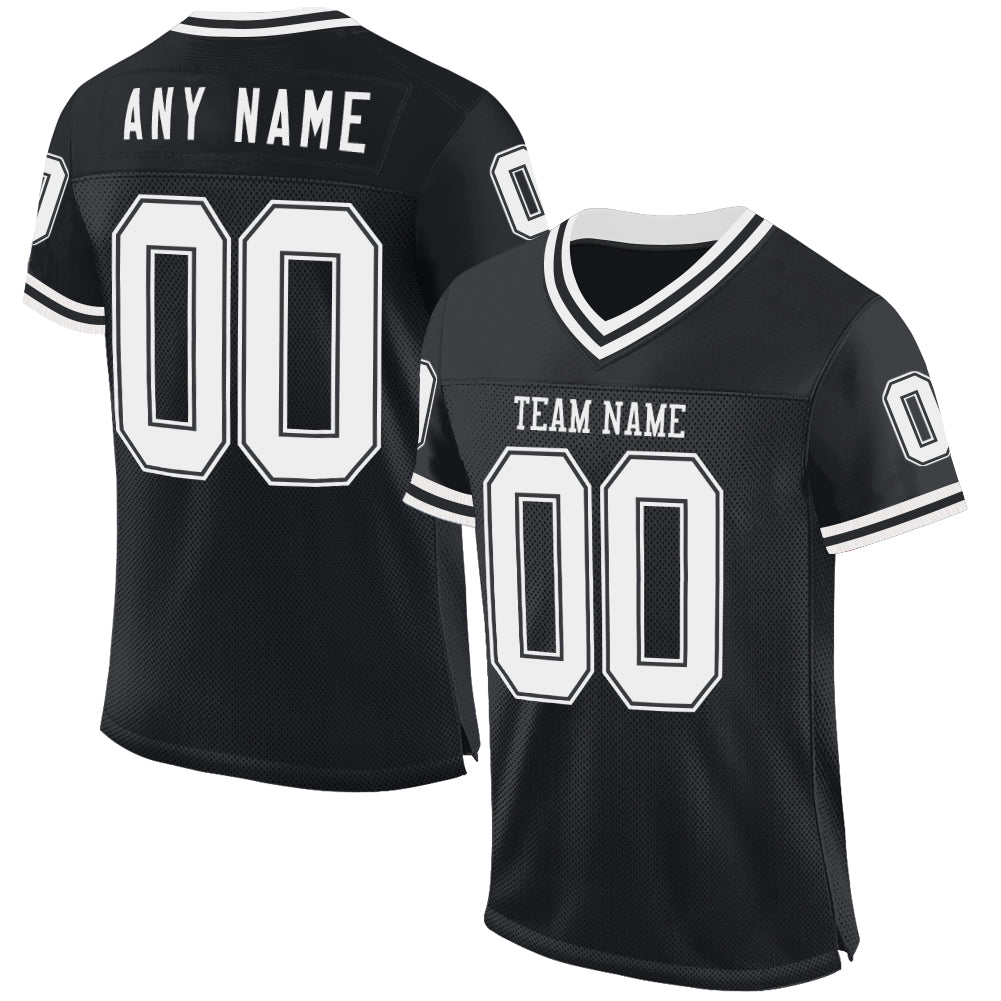 Custom Black White Mesh Authentic Throwback Football Jersey - Main View