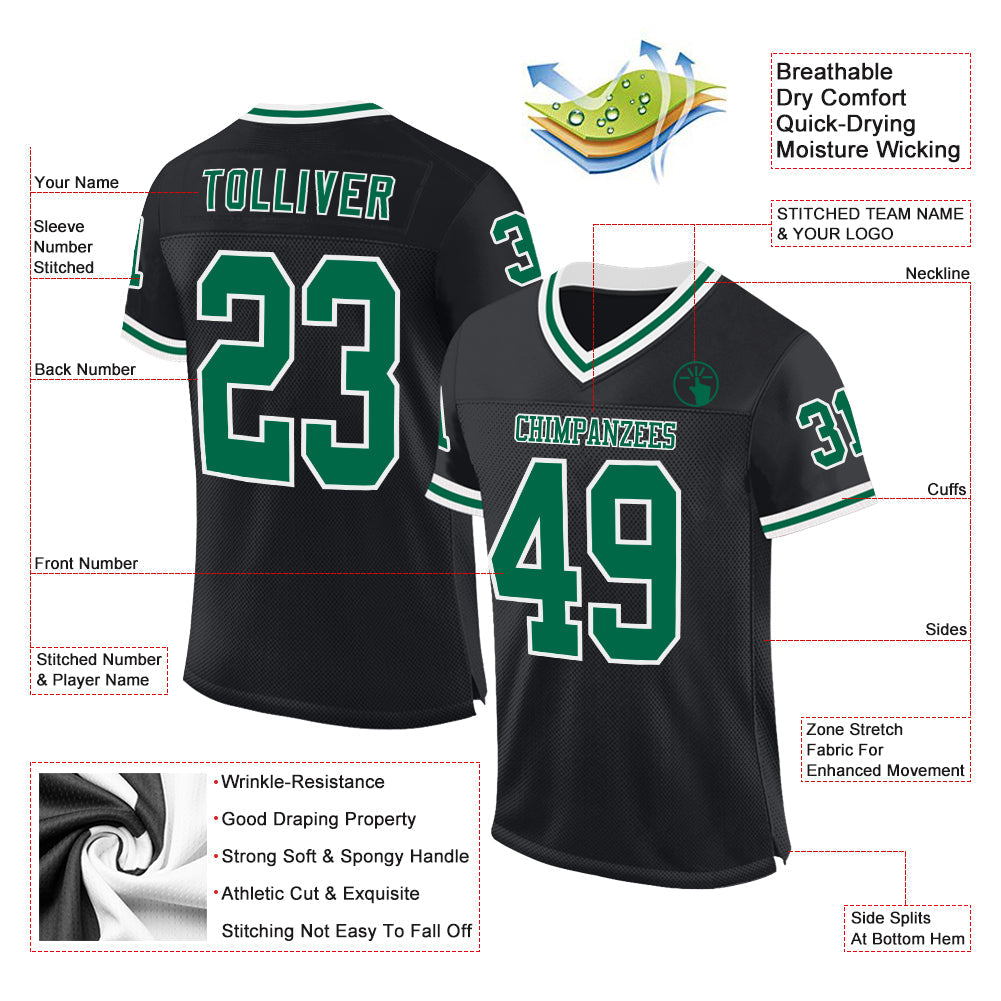 Custom Black Kelly Green-White Mesh Authentic Throwback Football Jersey view 2
