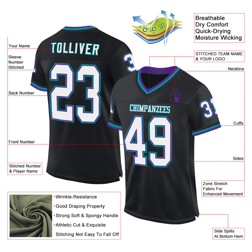 Custom Black Purple-Teal Mesh Authentic Throwback Football Jersey view 2