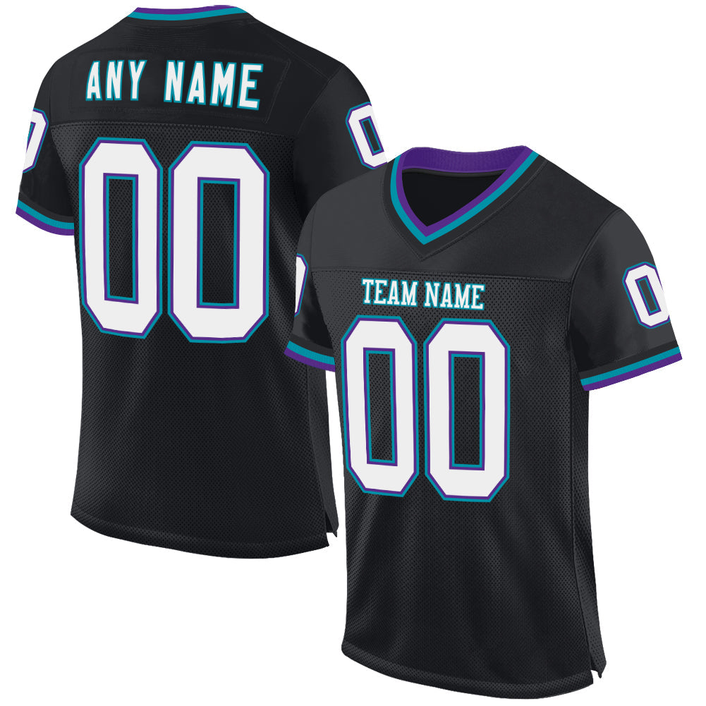 Custom Black Purple-Teal Mesh Authentic Throwback Football Jersey - Main View