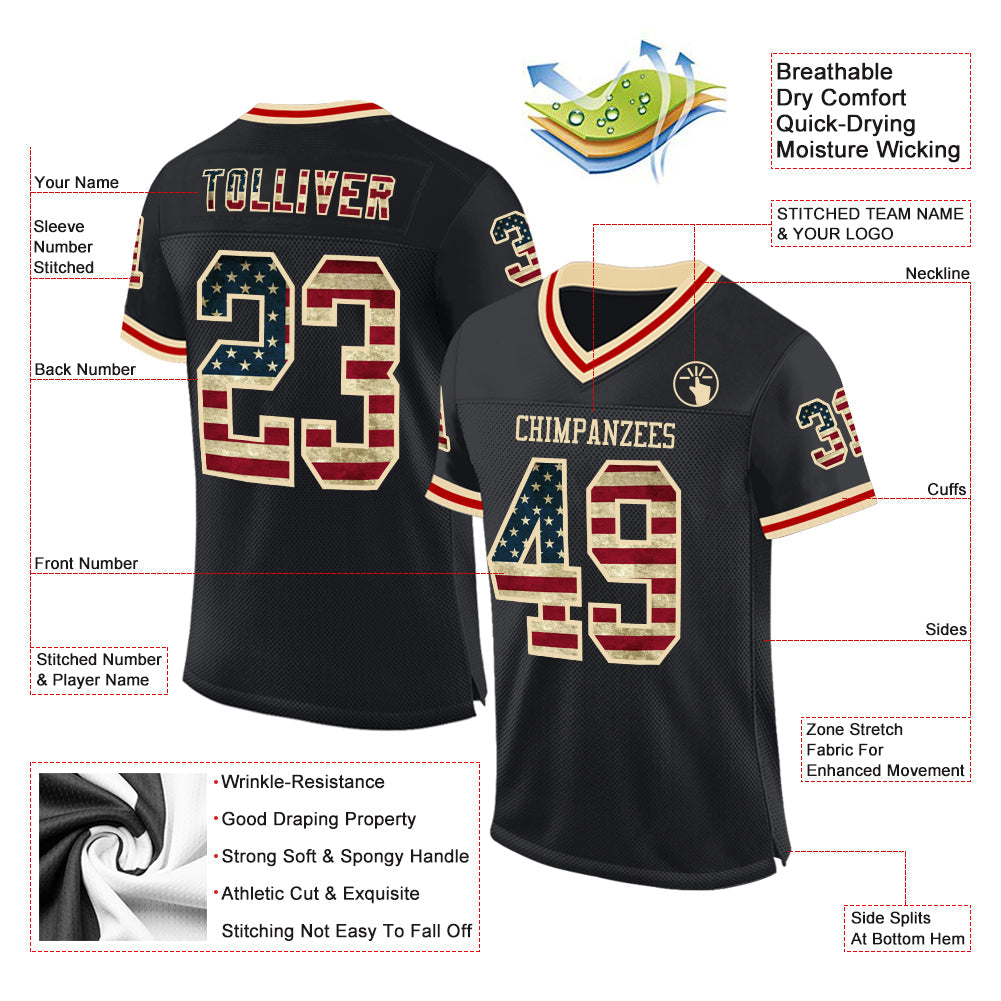 Custom Black Vintage USA Flag Cream-Red Mesh Authentic Throwback Football Jersey view 2