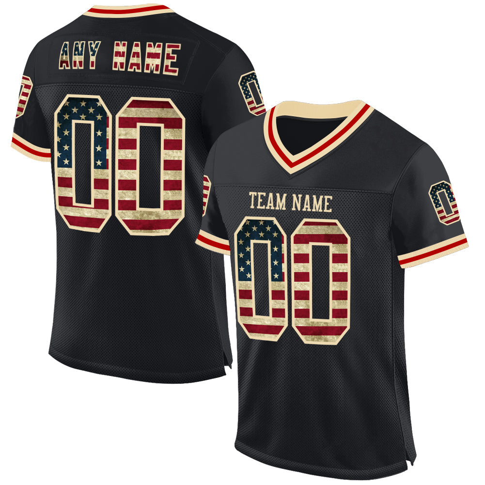 Custom Black Vintage USA Flag Cream-Red Mesh Authentic Throwback Football Jersey - Main View