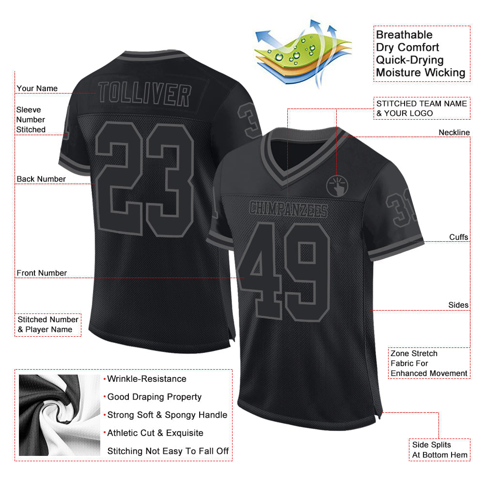 Custom Black Steel Gray Mesh Authentic Throwback Football Jersey view 2