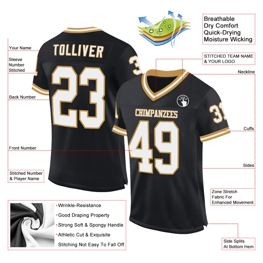 Custom Black White-Old Gold Mesh Authentic Throwback Football Jersey view 2