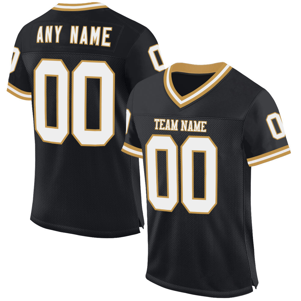Custom Black White-Old Gold Mesh Authentic Throwback Football Jersey - Main View