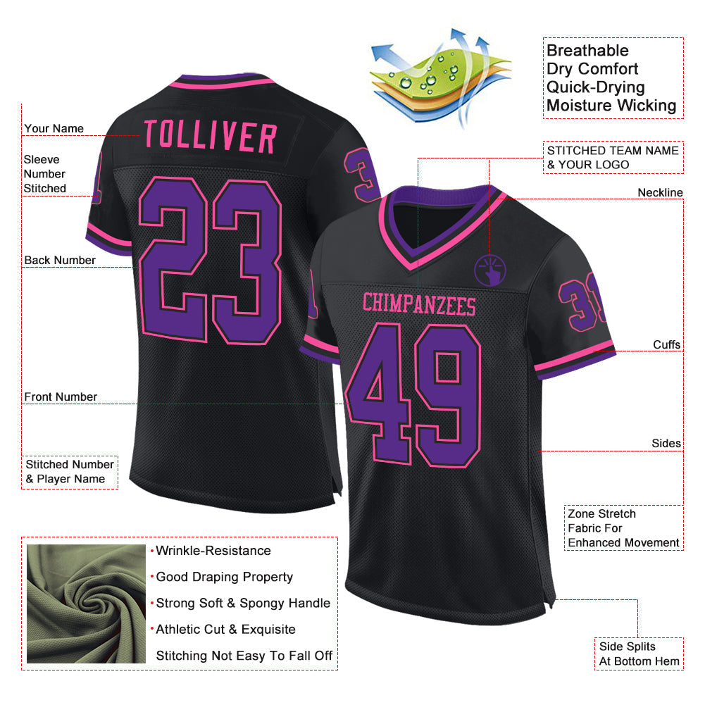 Custom Black Purple-Pink Mesh Authentic Throwback Football Jersey view 2