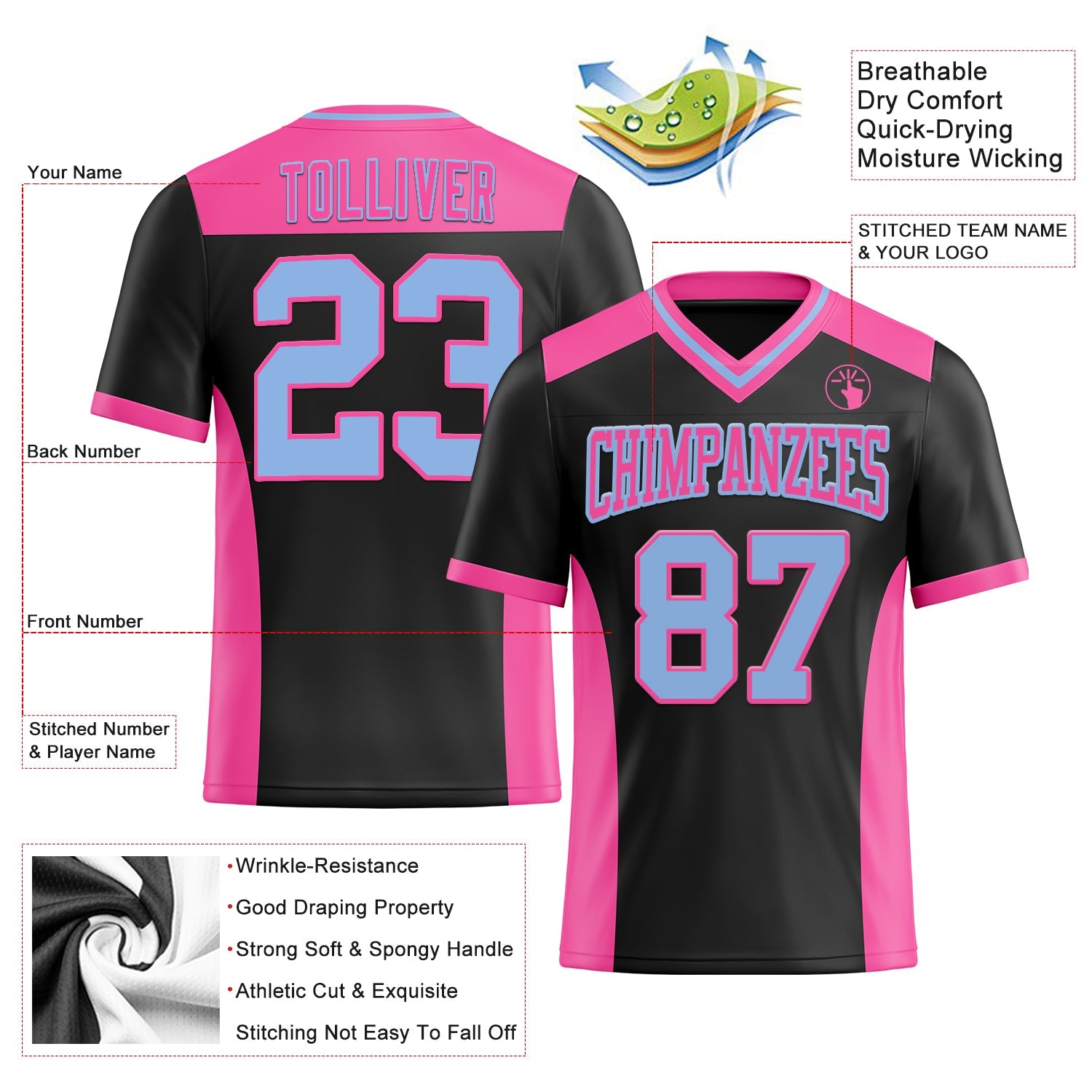 Custom Black Light Blue-Pink Authentic Football Jersey view 3