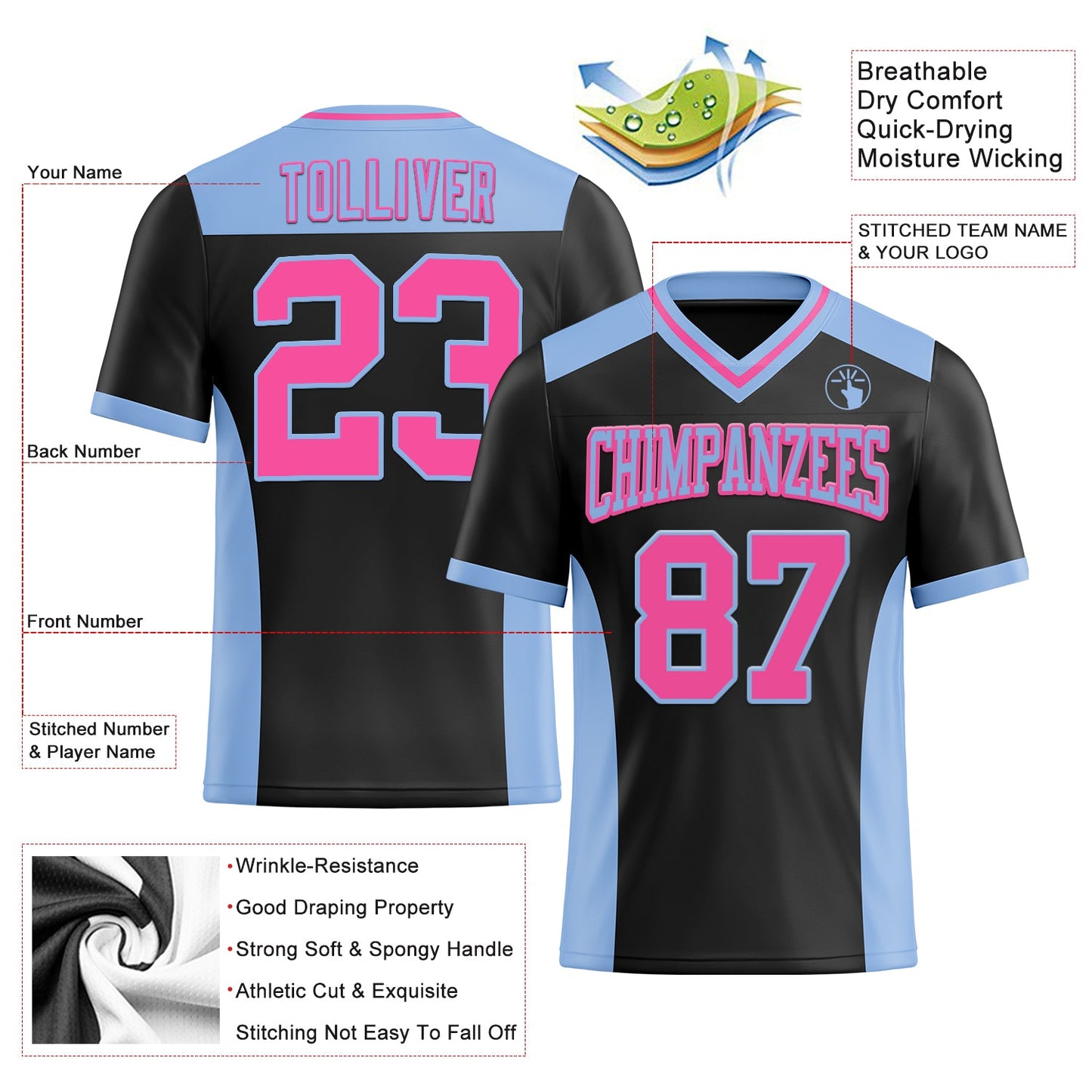 Custom Black Pink-Light Blue Authentic Football Jersey view 3