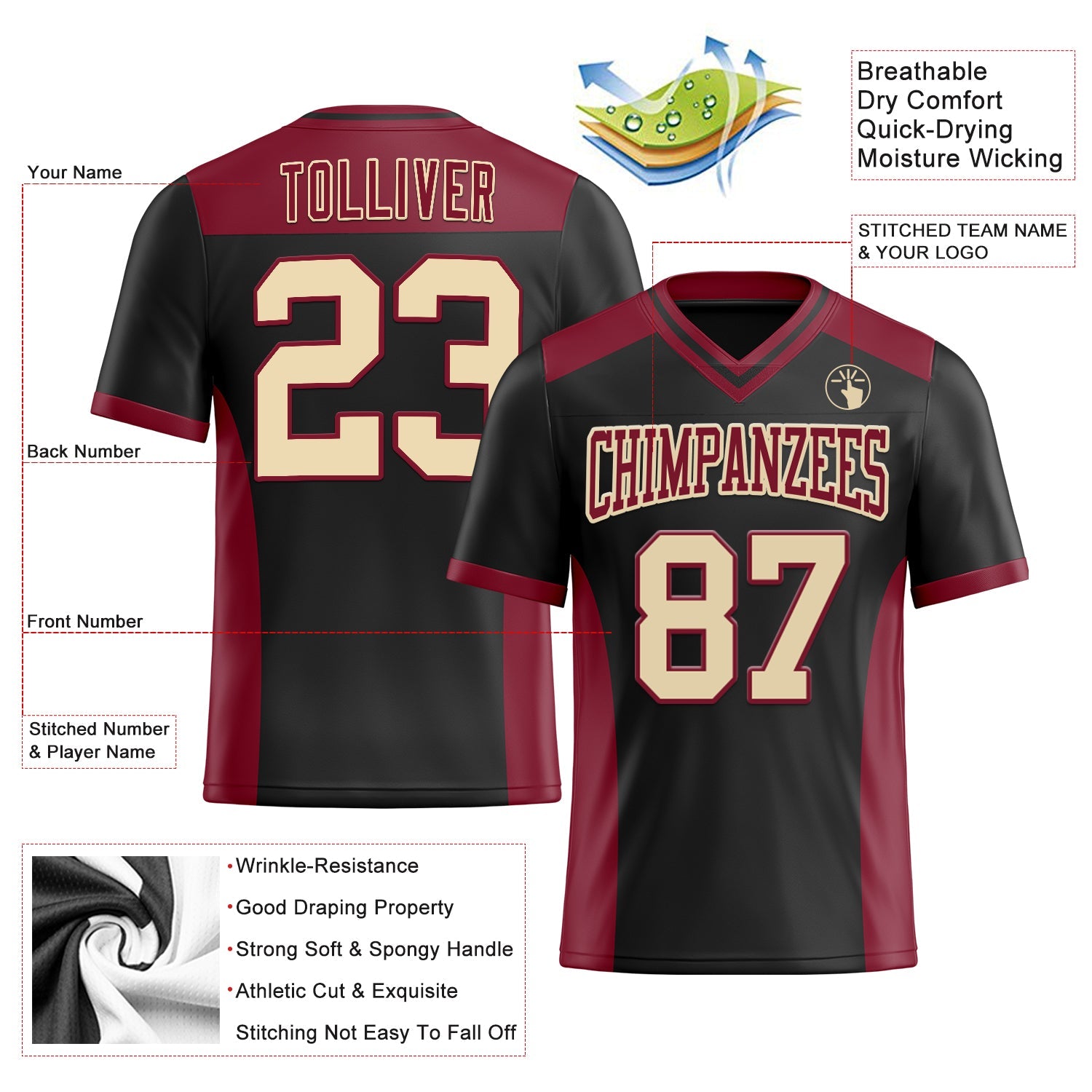 Custom Black Cream-Crimson Authentic Football Jersey view 3