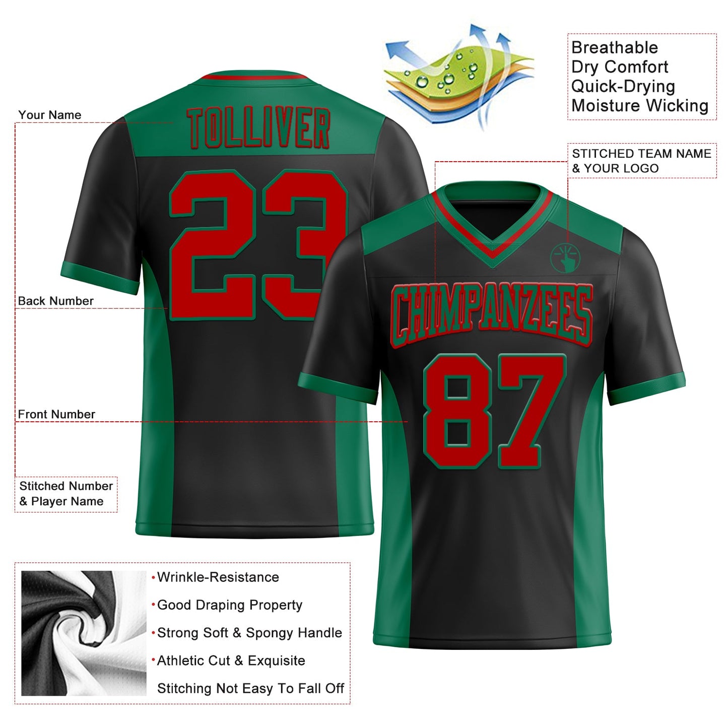 Custom Black Red-Kelly Green Authentic Football Jersey view 3