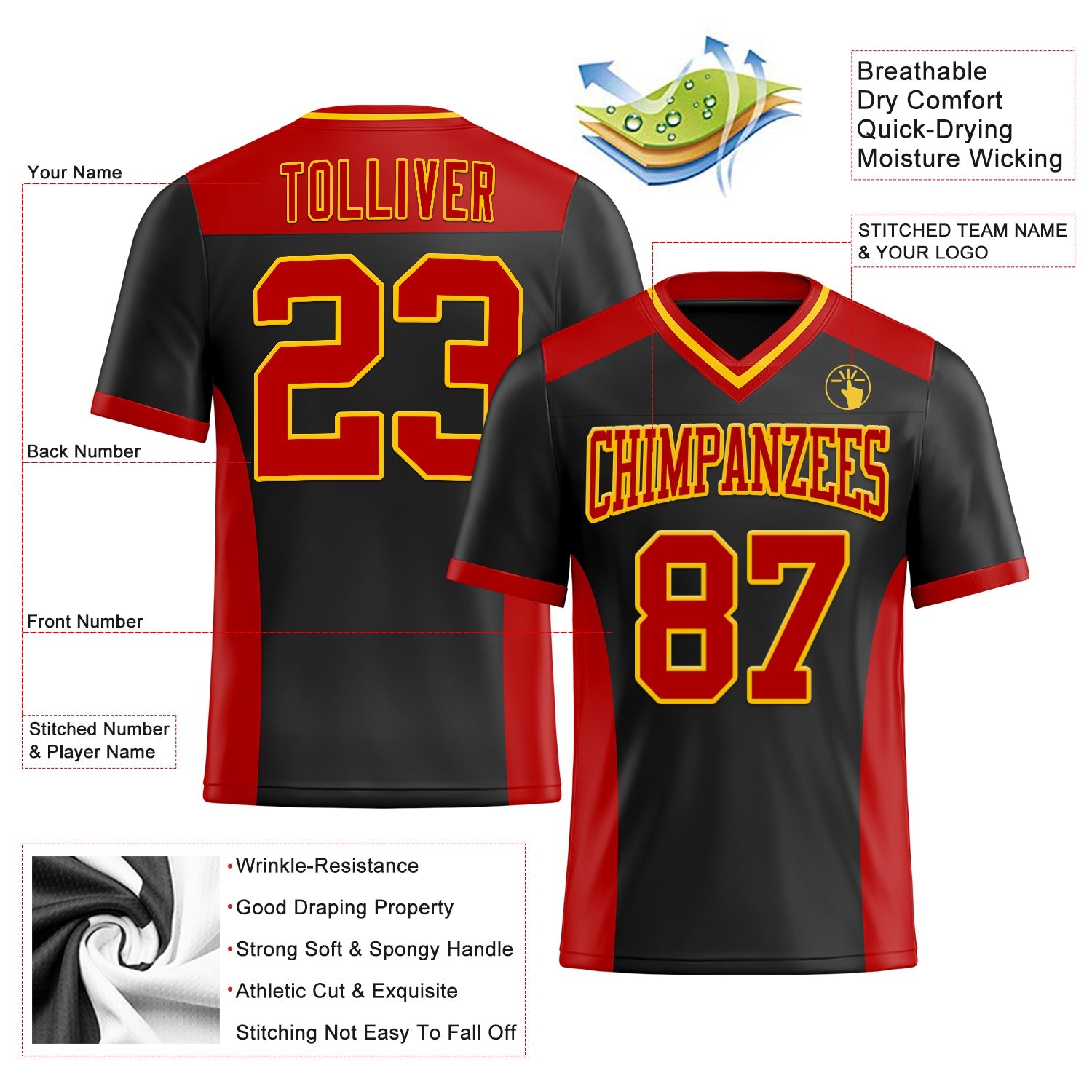 Custom Black Red-Yellow Authentic Football Jersey view 3