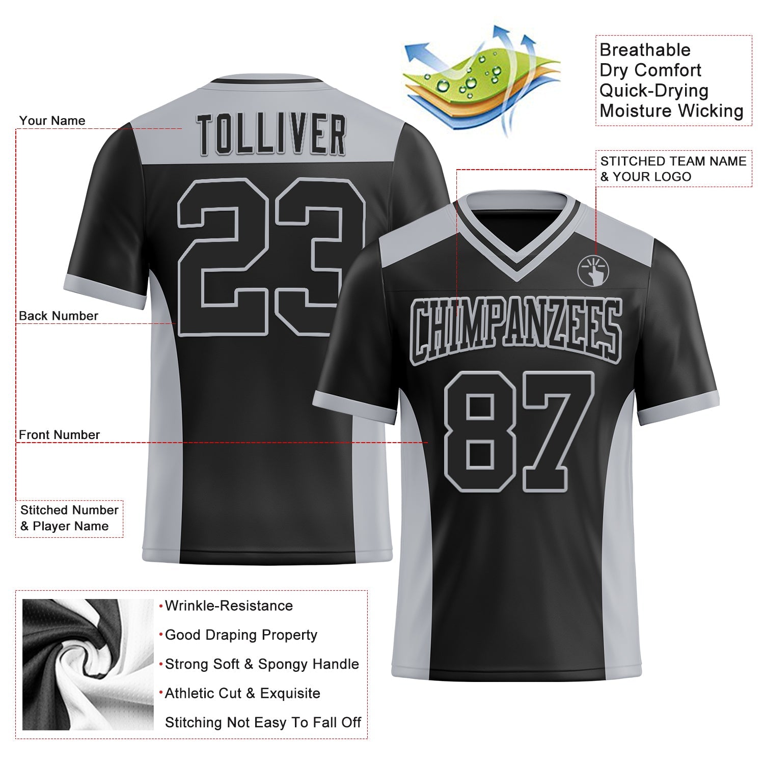 Custom Black Gray Authentic Football Jersey view 3