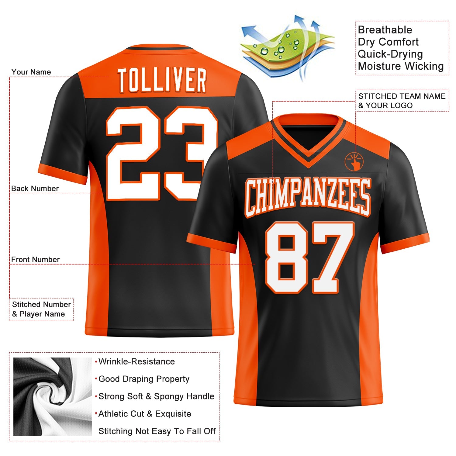 Custom Black White-Orange Authentic Football Jersey view 3