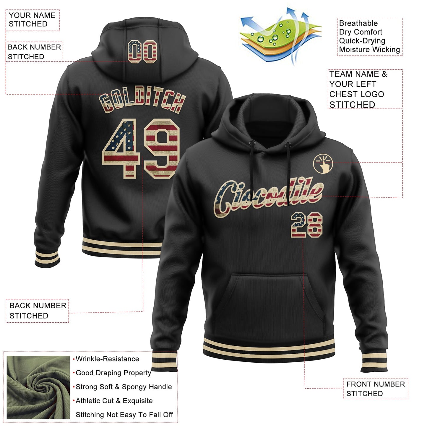 Custom Stitched Black Vintage USA Flag-Cream Sports Pullover Sweatshirt Hoodie view 3