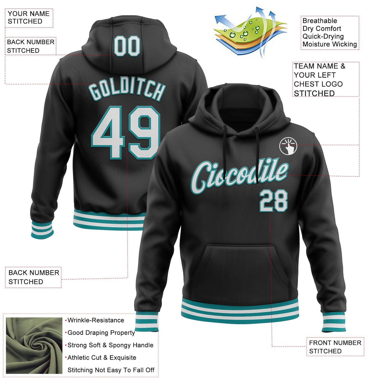 Custom Stitched Black White-Teal Sports Pullover Sweatshirt Hoodie view 3