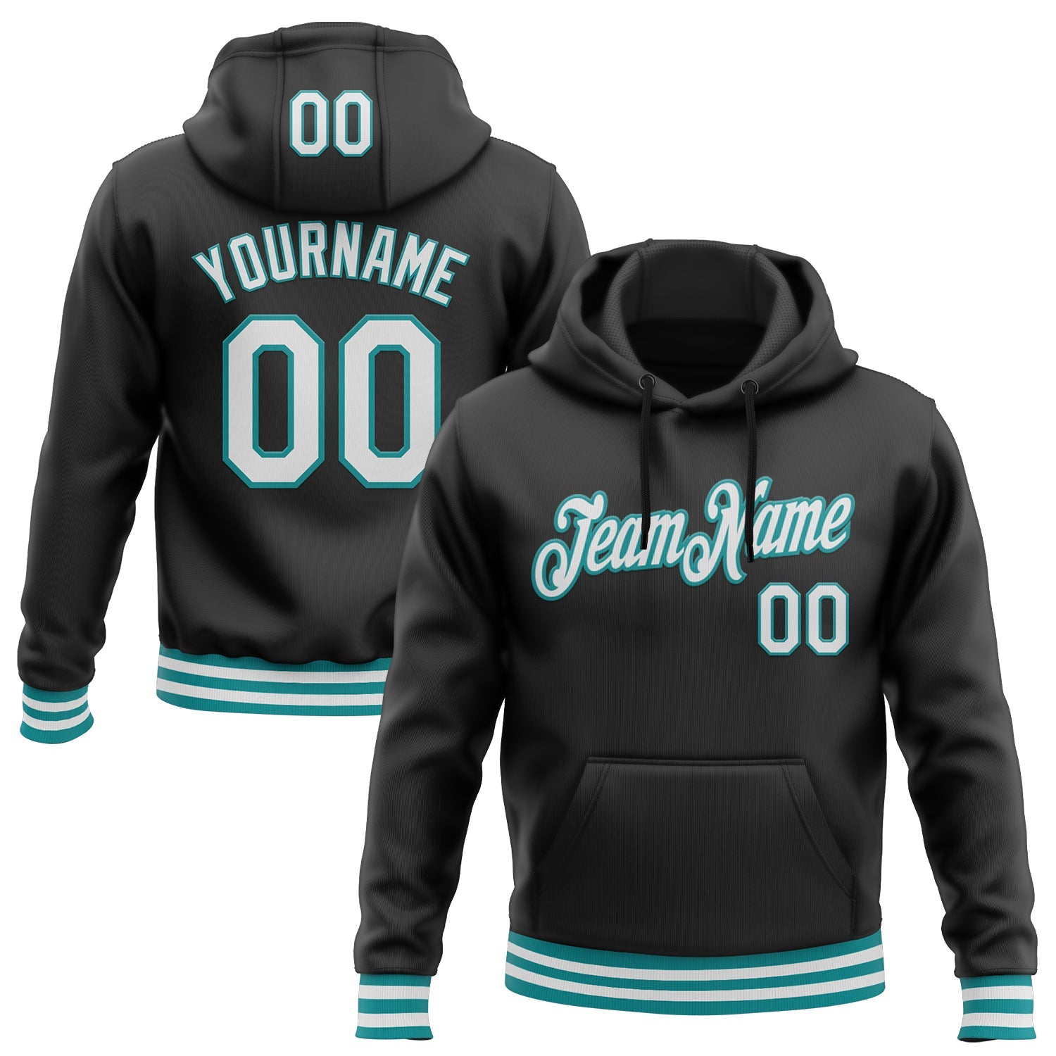 Custom Stitched Black White-Teal Sports Pullover Sweatshirt Hoodie - Main View