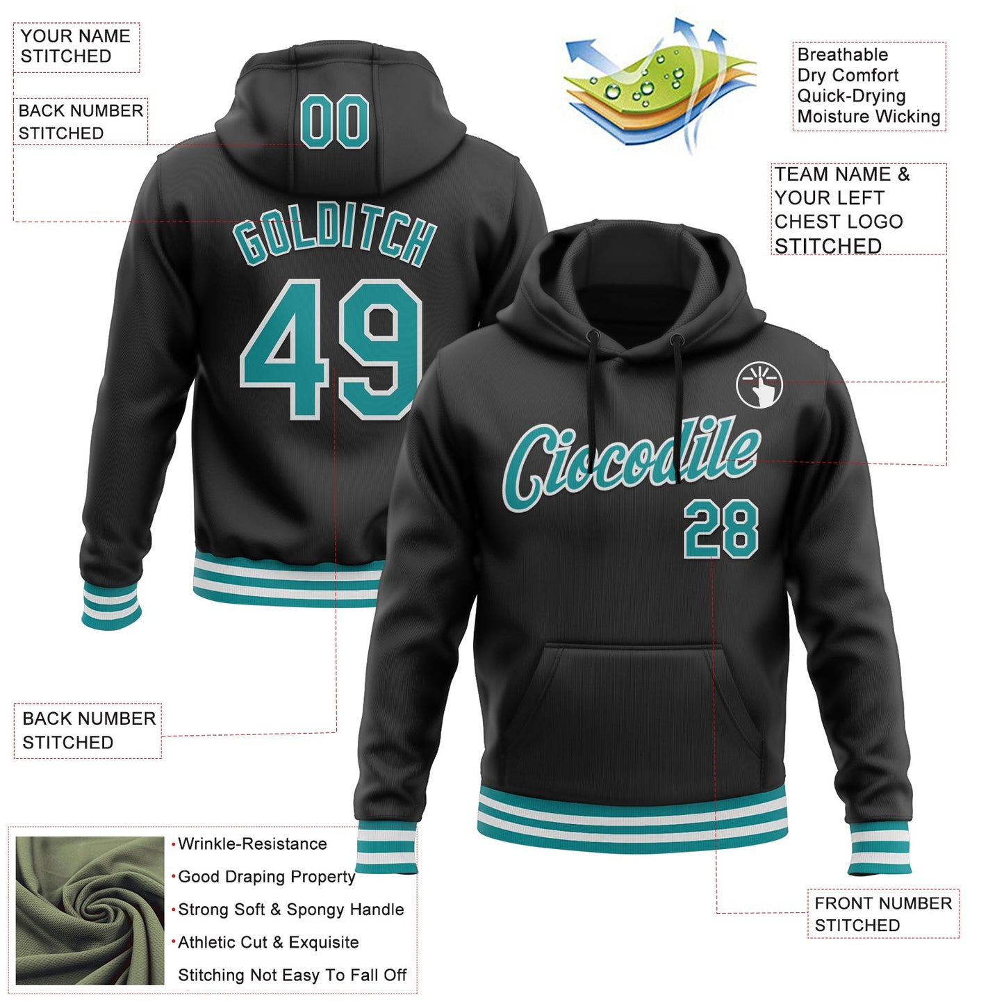 Custom Stitched Black Teal-White Sports Pullover Sweatshirt Hoodie view 3