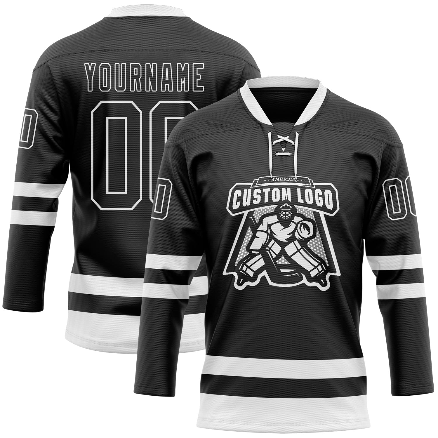 Custom Black White Hockey Lace Neck Jersey view 2