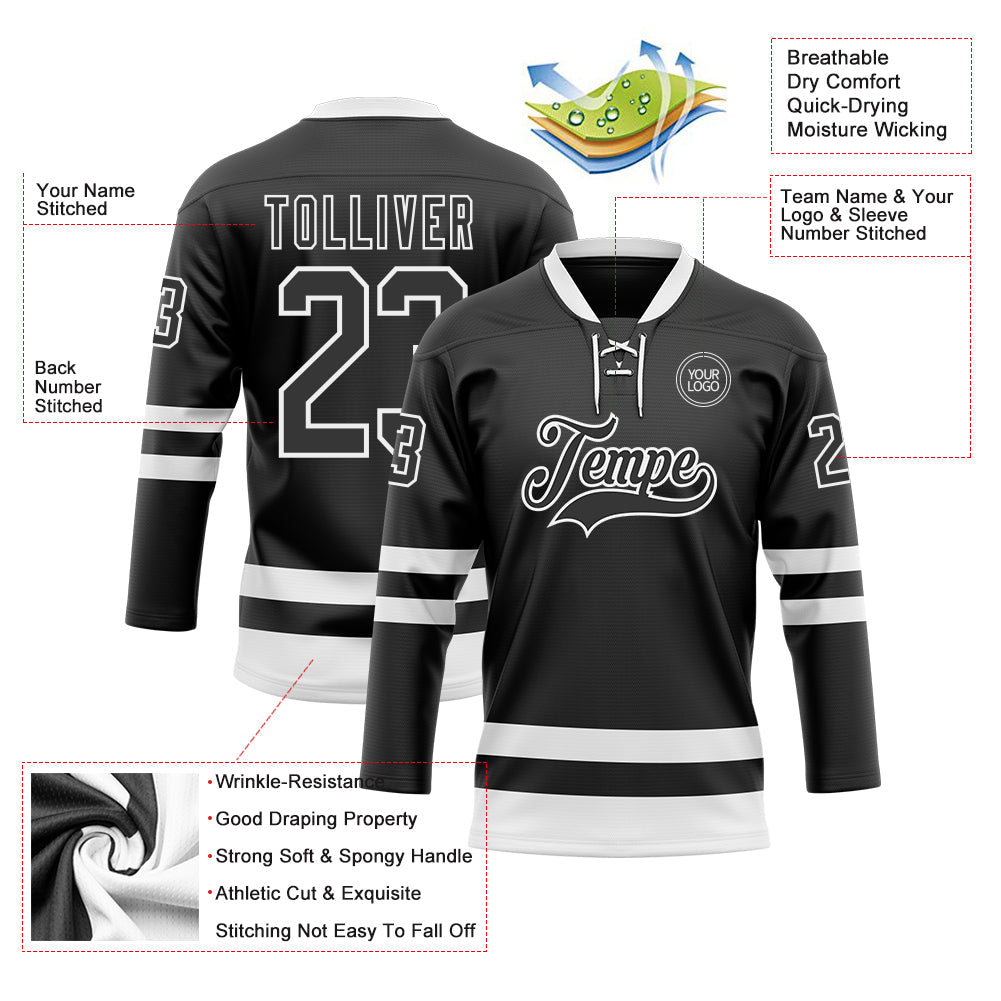 Custom Black White Hockey Lace Neck Jersey view 3