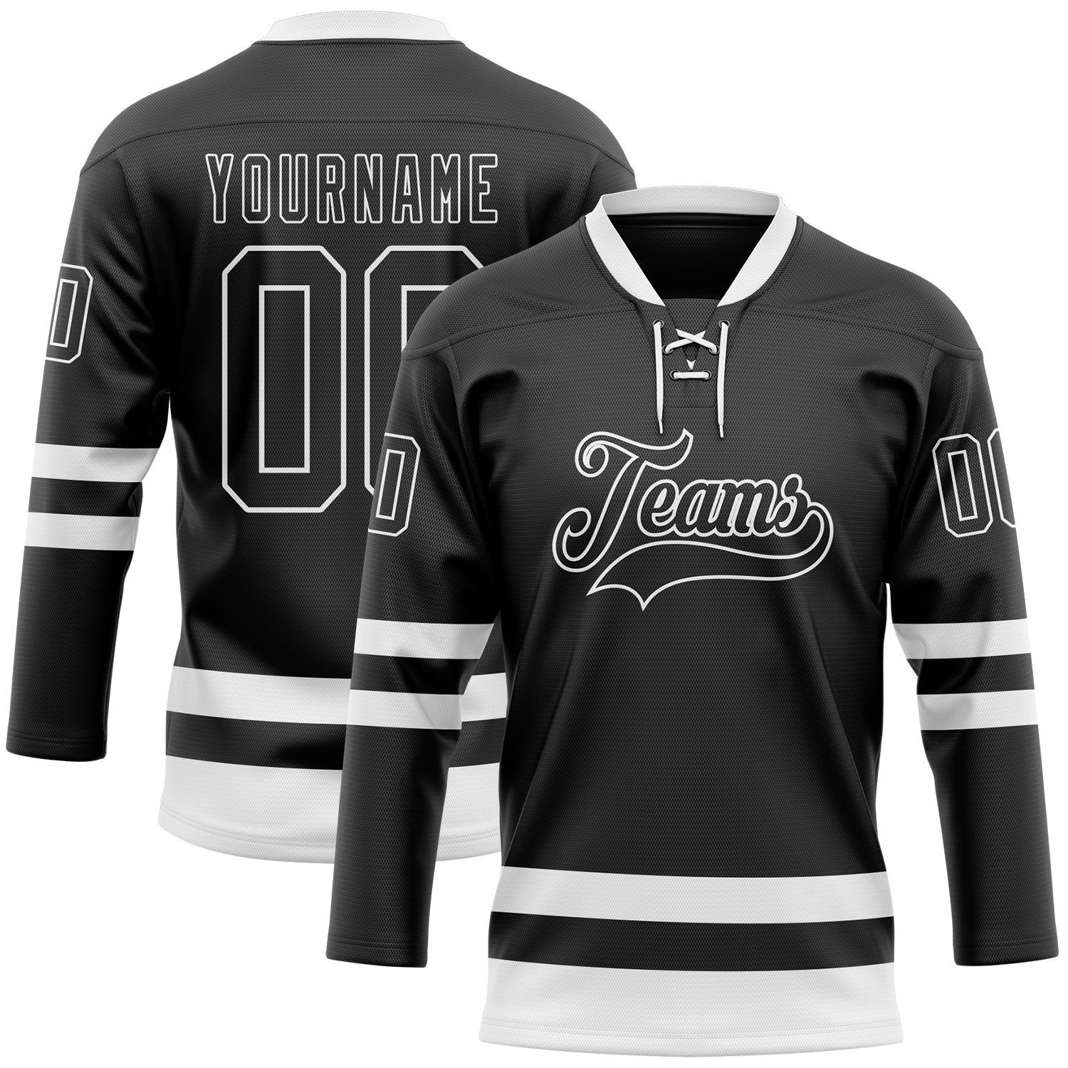 Custom Black White Hockey Lace Neck Jersey - Main View