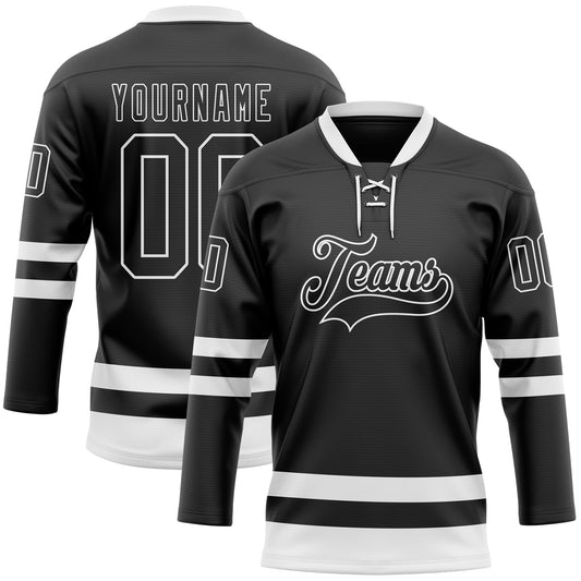 Custom Black White Hockey Lace Neck Jersey - Main View