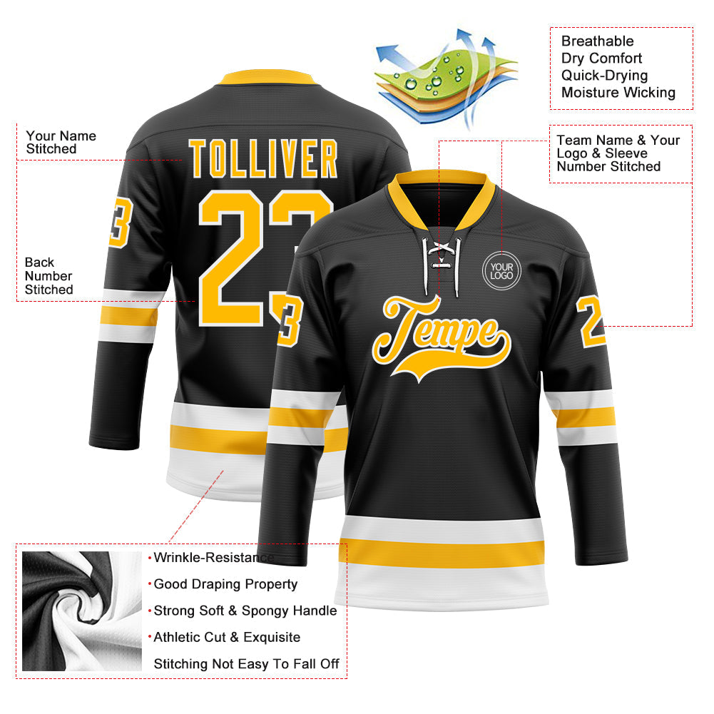Custom Black Gold-White Hockey Lace Neck Jersey view 3