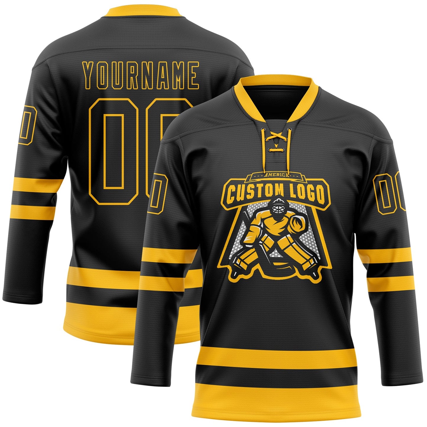 Custom Black Gold Hockey Lace Neck Jersey view 2