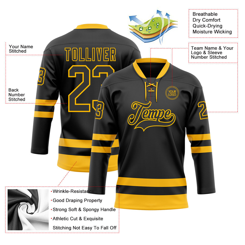 Custom Black Gold Hockey Lace Neck Jersey view 3