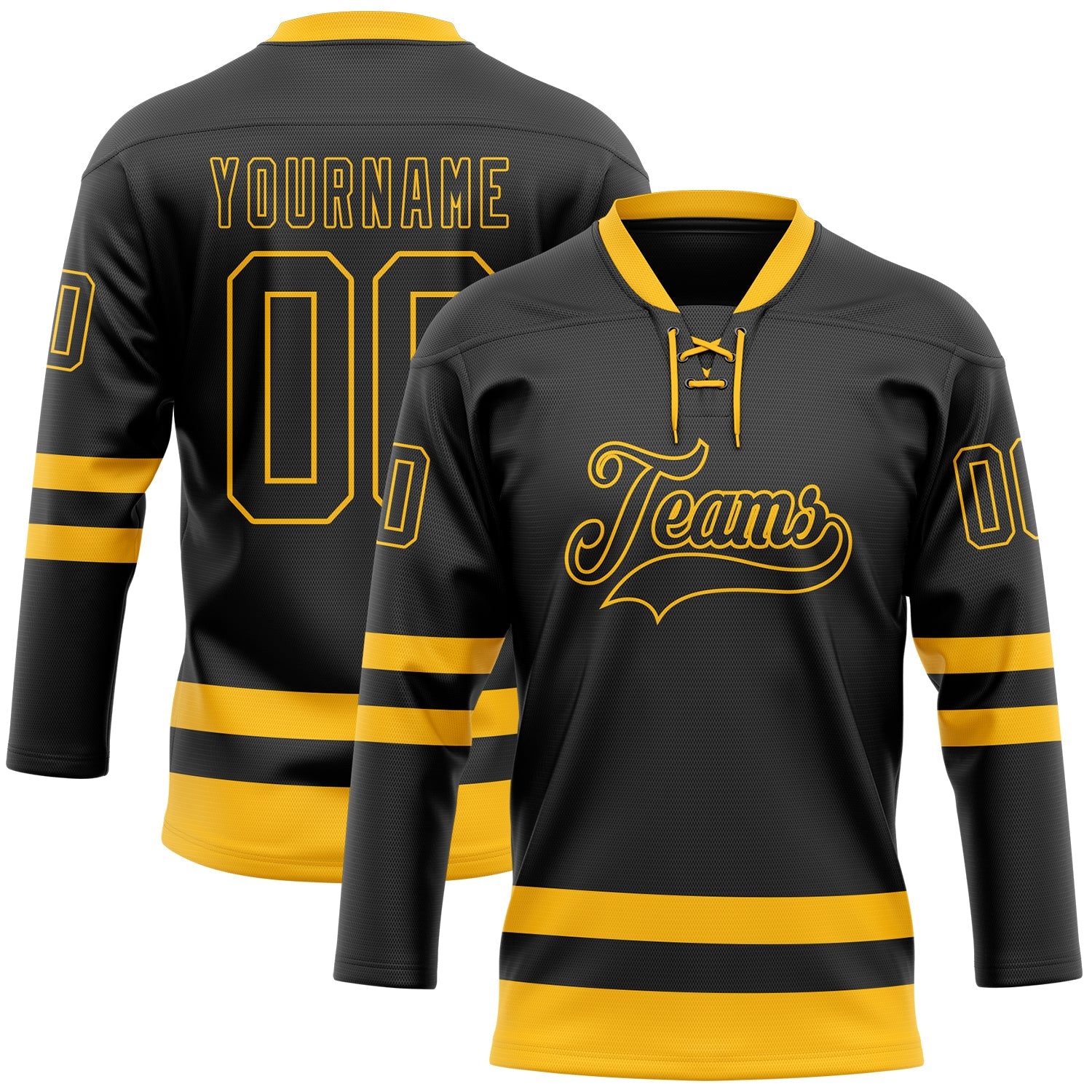 Custom Black Gold Hockey Lace Neck Jersey - Main View